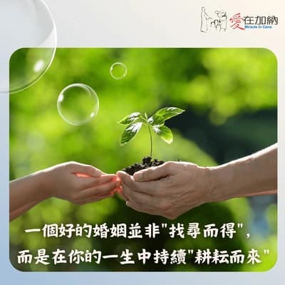 一個好的婚姻並非「找尋而得」，而是在你的一生中持續「耕耘而來」